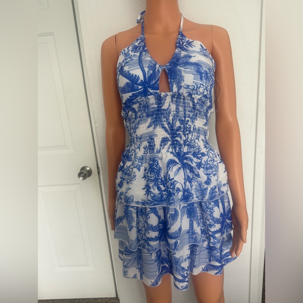 Blue & White Tropical Smocked Dress